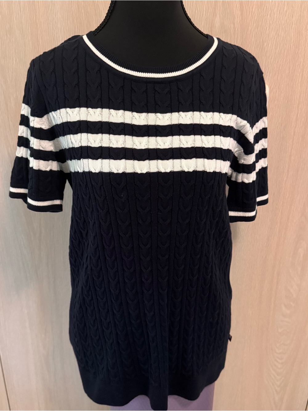 Tommy Hilfiger Navy and White Cable-Knit Short Sleeve Crew Sweater